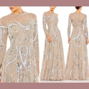 NWT $798 Mac Duggal [ 8 ]‎ 5217 Long Sleeve Embellished Illusion Gown Nude